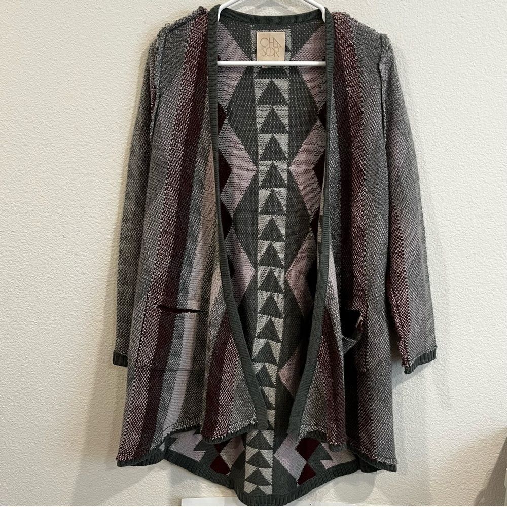 Chaser size small gray maroon and pink inside out long duster sweater cardigan